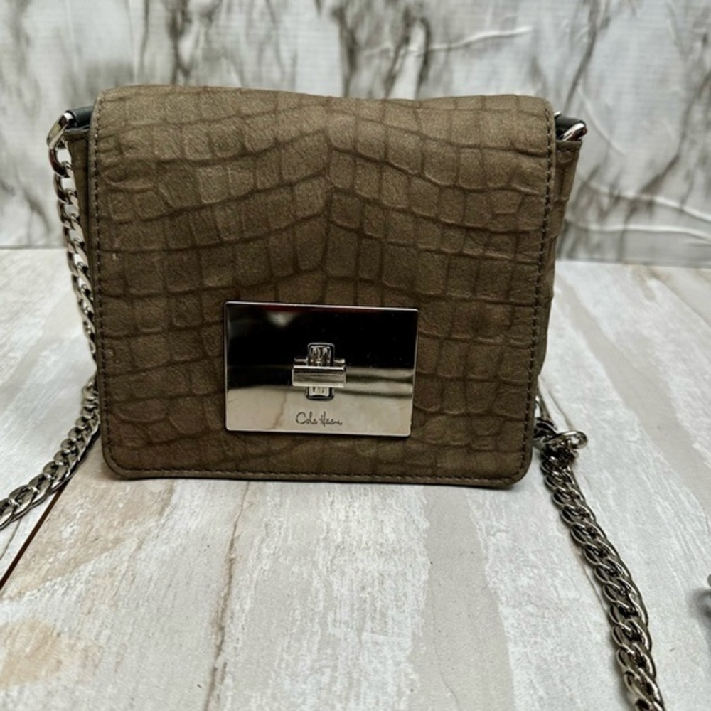 Cole Haan Gray Crocodile Print Camille Crossbody Bag Silver Chain Hardware Mini
